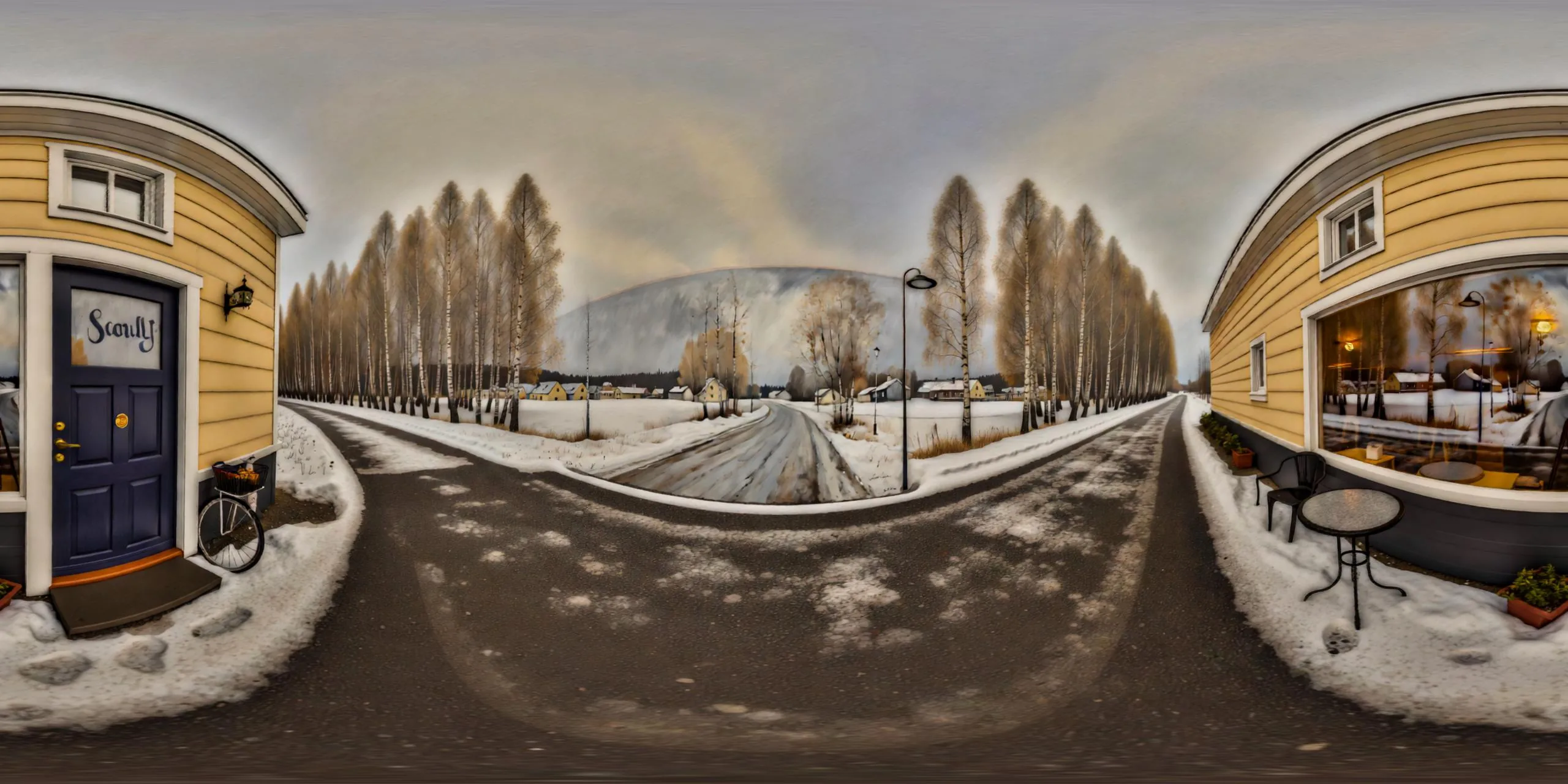 A 360-degree equirectangular panorama of a Nordic village rendered in the licensed artist's painted style.