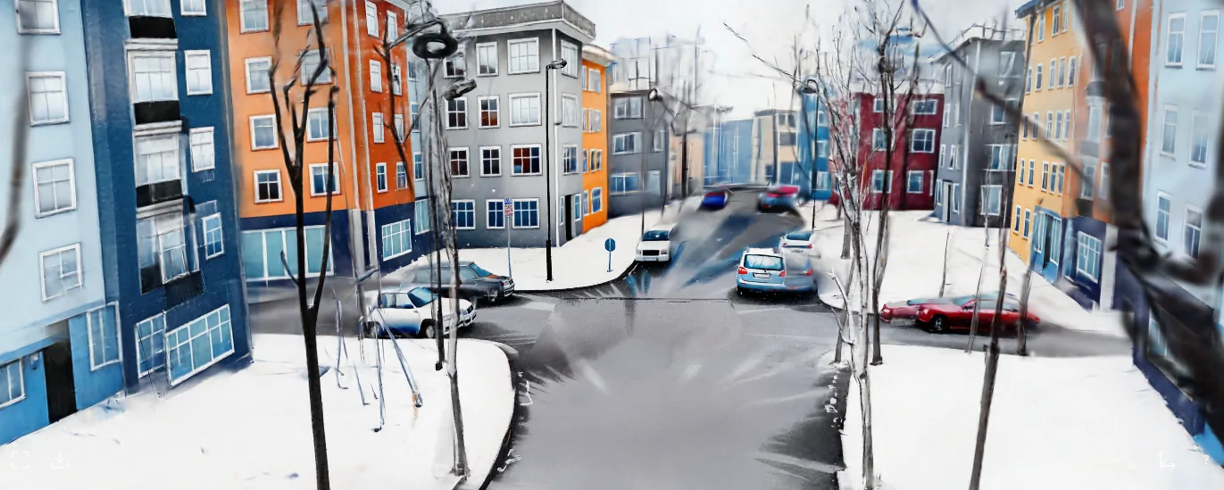 A painterly winter urban street scene rendered as a navigable 3D environment, in the licensed artist's style.
